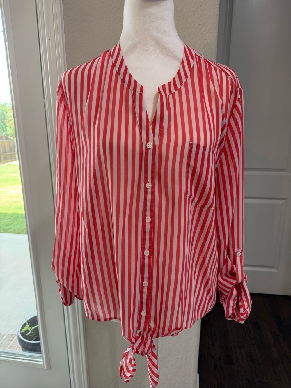 Chico's Pink & White Vertical Stripe Button-Down Tie-Hem Blouse size 2